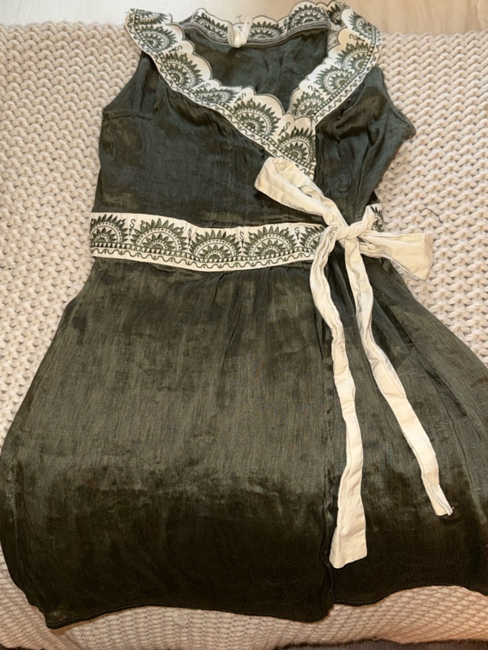 Theme Olive Green Silk Linen Wrap Midi Dress with Cream Embroidery Size Medium